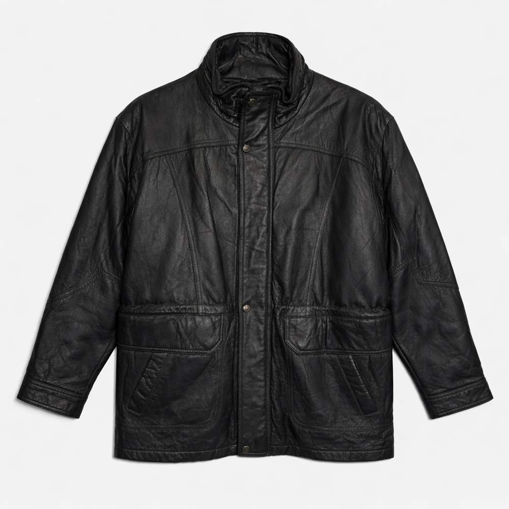 Members Only Black Leather Car Coat Jacket XL Genuine Leather Mid-Length
